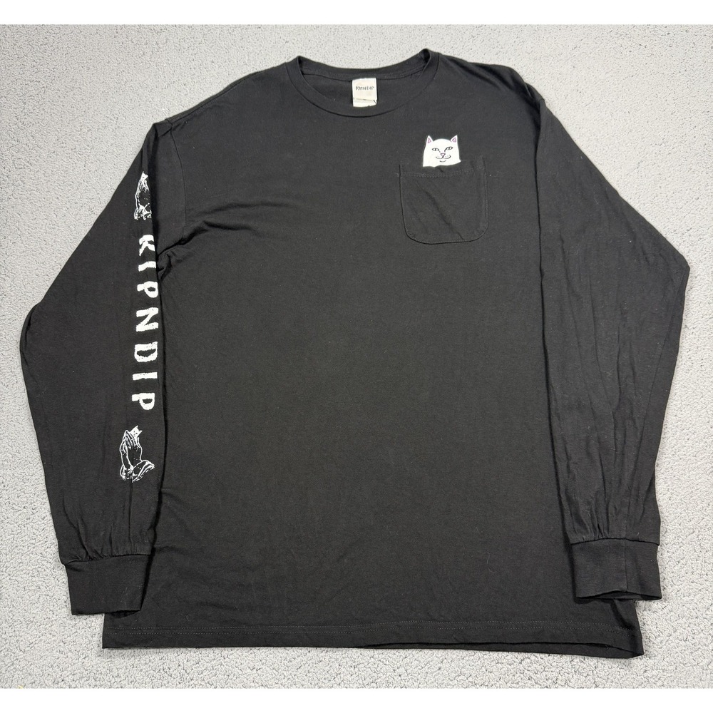 RIPNDIP Shirt Mens XL Black Lord Nermal Pocket Long Sleeve Cat Graphic Tee